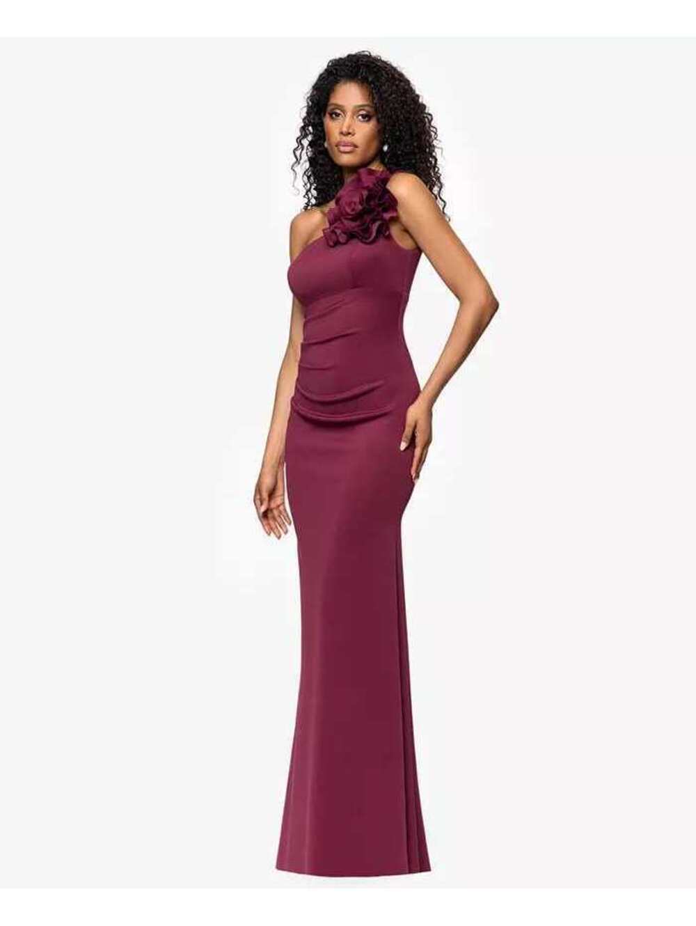 Betsy & Adam One-Shoulder Flower Long Sheath Gown Prom Formal sz 8 NWT Wine